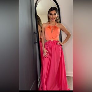 Vici Collection- KEY WEST SATIN HALTER CUTOUT MAXI DRESS - TANGERINE/FUCHSIA